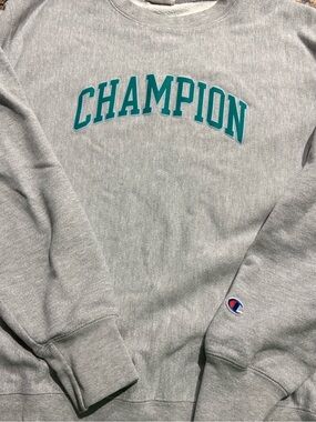 Champion Gray Crewneck Sweatshirt with Teal Arch Logo large
